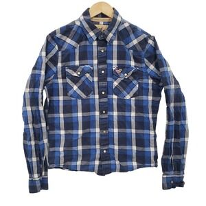 Hollister Plaid Western Snap Button Long Sleeve Shirt Blue White Mens L Rugged